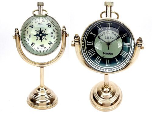 Nautical Brass Table Clock Handmade Vintage Maritime Small Clock Watch Compass