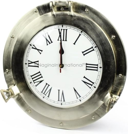 Nautical Brushed Nickel Aluminum Metal Porthole Roman Dial Wall Clock Home Decor