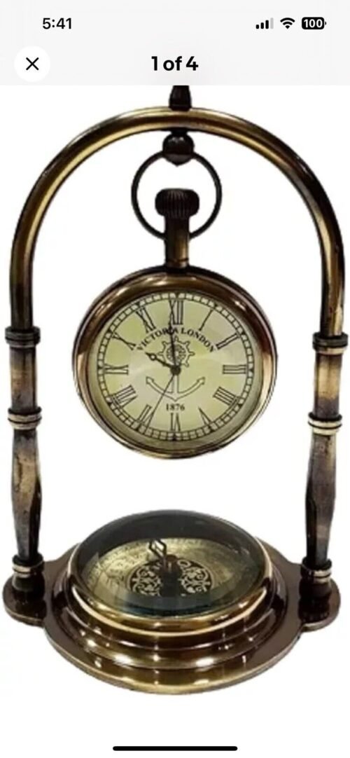 Nautical Table Clock Brass Desk Compass with London Pocket Watch