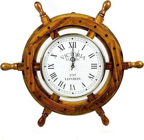 Nautical Wooden Ship Wheel With Quartz Clock - Pirate Home Decor Wall Hanging