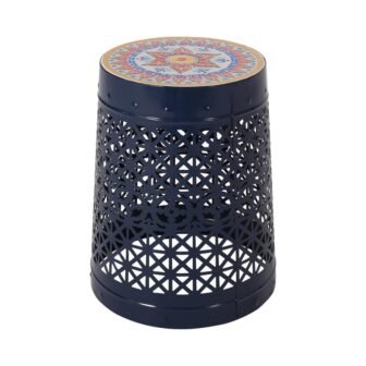 Navy Blue Cylindrical Metal Outdoor Side Table.