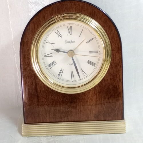 Neiman Marcus Desk Table Decor Clock Vintage Roman Numerals Wooden Gold Tone