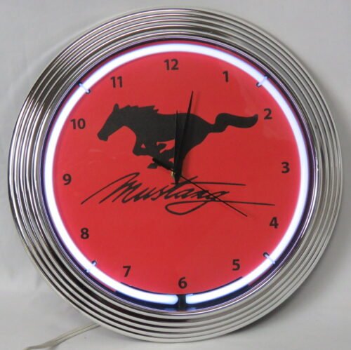Neonetics Ford Mustang Wall Clock Red, White Neon, Silver Frame, Horse Logo NEW