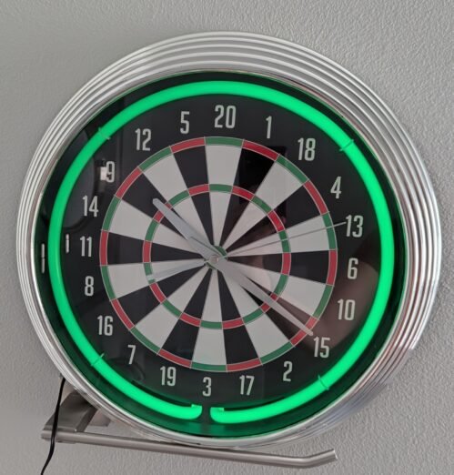 Neon Green Light Up Dartboard Wall Clock 15" Young Town Quartz Bar Sports