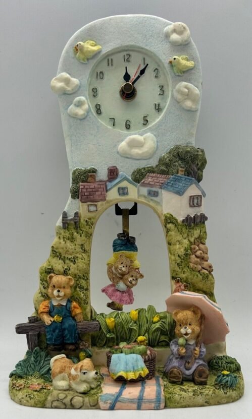 New 10”x6”x3” Bear Family Clock w/ Village Scene Desk/Table/Shelf/Wall Clock