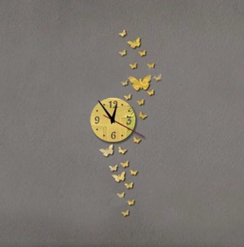 NEW 20” 3D Gold Mirror Surface Butterflies Wall Clock Acrylic 33 Pc Set G2