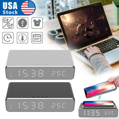 New 3 in 1 Digital Electric LED Desk Alarm Clock Thermometer Wireless Charger_US