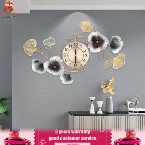 NEW 90*45cm Large Wall Clock Ginkgo Leaf Metal Wall Watch Living Room Home Decor
