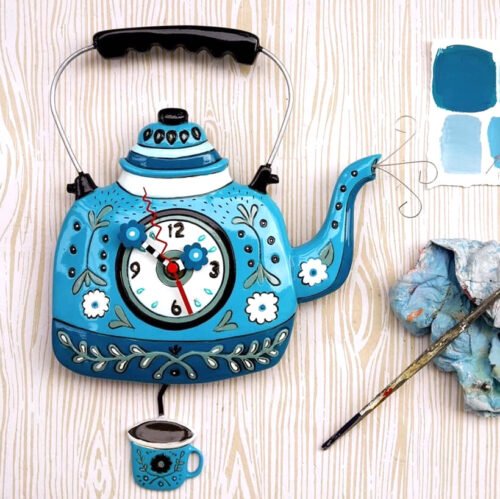 ✤ New ALLEN DESIGNS Swing Pendulum Wall Clock BLUE KETTLE Tea Coffee Cup Teapot