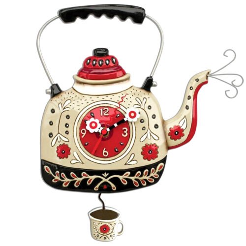 ✤ New ALLEN DESIGNS Swing Pendulum Wall Clock RED KETTLE Teapot Cup Flower Steam