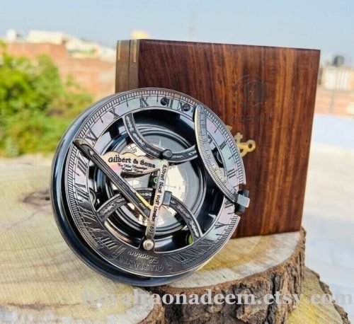 New Antique Solid Brass Sundial Compass Nautical Engraved Anchor With Wooden Box