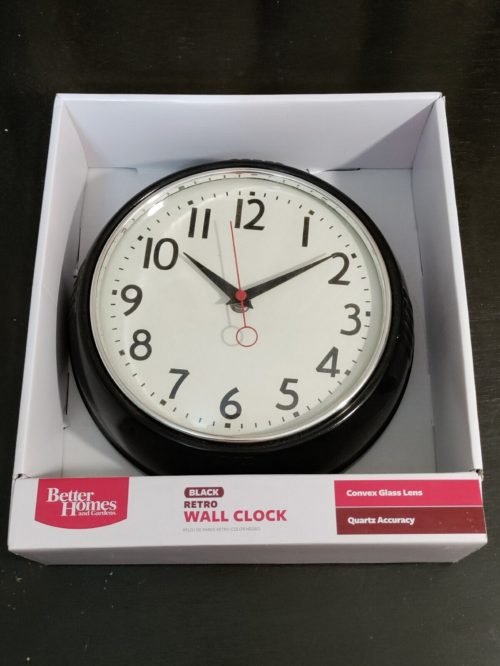 New Better Homes And Garden Black Retro Wall Clock 9" Diameter New Factory Seale