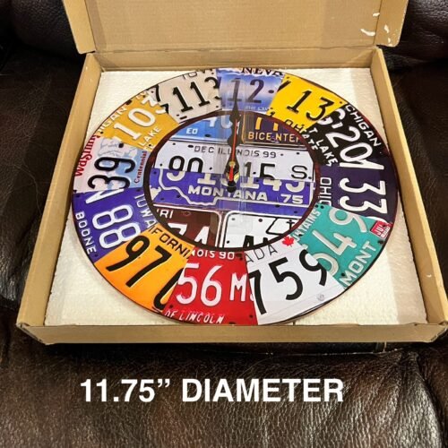 NEW CAR LICENSE PLATE WALL CLOCK 11.75inches WOODEN COLORFUL DESIGN