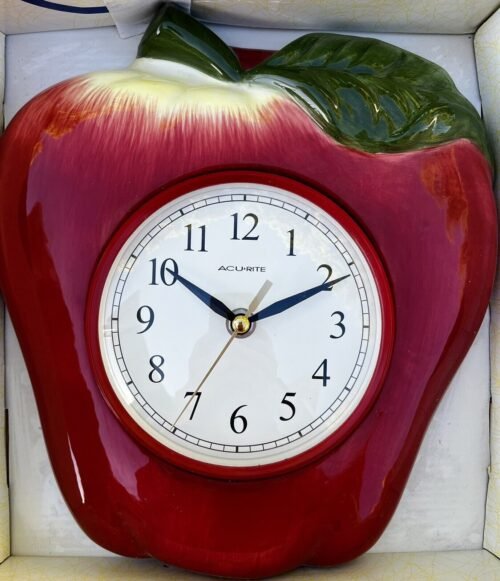 NEW Ceramic Red Apple Shaped Wall Clock Vintage Battery Operated Acurite Brand.