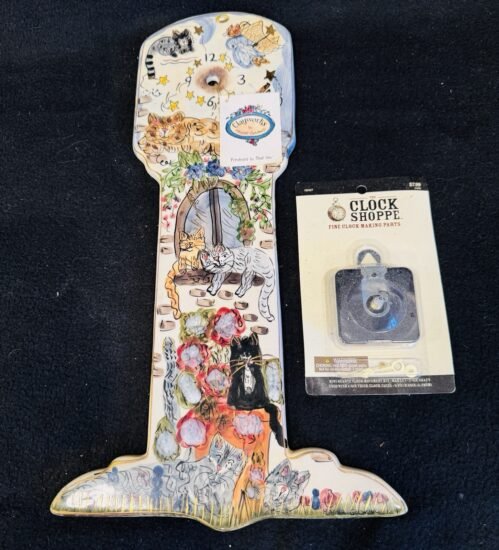 New CLAYWORKS By HEATHER GOLDMINC Blue Sky Ceramic Cat Treehouse Wall Clock