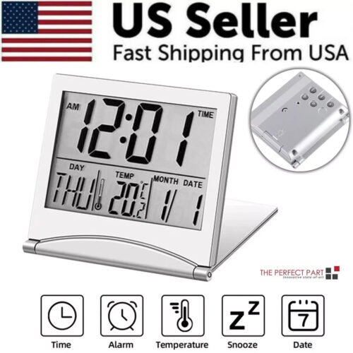 New Digital Travel Alarm Clock Foldable Temperature LCD Clock Compact Desk Timer