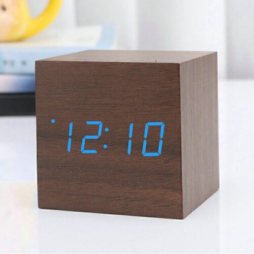 New Digital Wooden LED Alarm Clock Desktop Table Decor Thermometer Voice Control