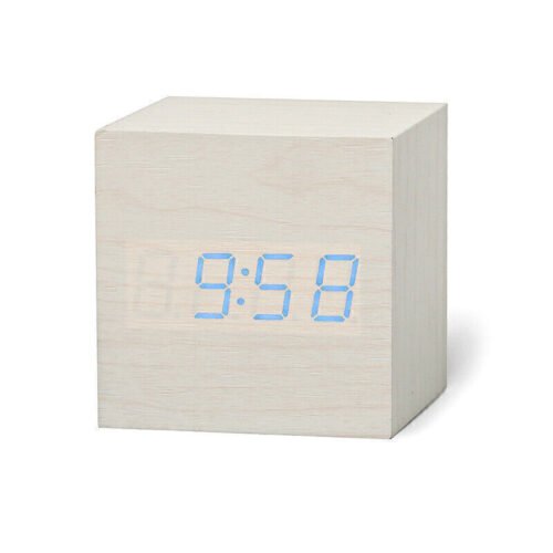 New Digital Wooden LED Alarm Clock Desktop Table Decor Thermometer Voice Control