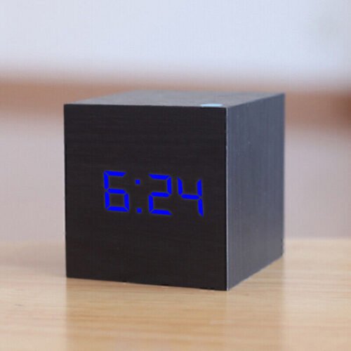 New Digital Wooden LED Alarm Clock Desktop Table Decor Thermometer Voice Control