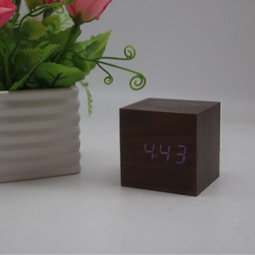 New Digital Wooden LED Alarm Clock Desktop Table Decor Thermometer Voice Control
