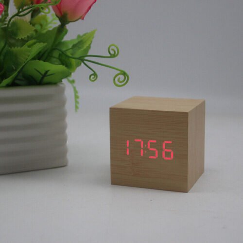 New Digital Wooden LED Alarm Clock Desktop Table Decor Thermometer Voice Control
