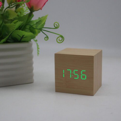 New Digital Wooden LED Alarm Clock Desktop Table Decor Thermometer Voice Control