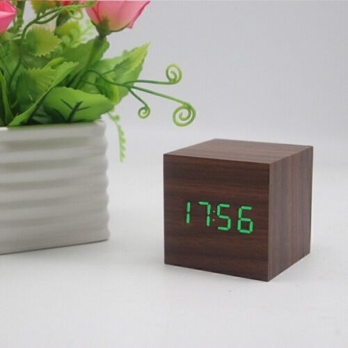 New Digital Wooden LED Alarm Clock Desktop Table Decor Thermometer Voice Control