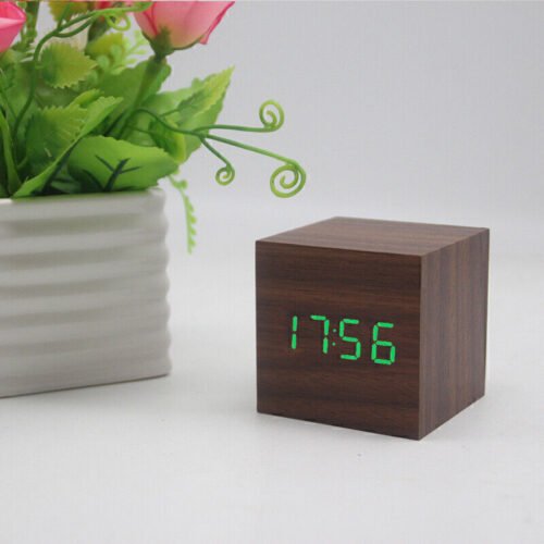 New Digital Wooden LED Alarm Clock Desktop Table Decor Thermometer Voice Control