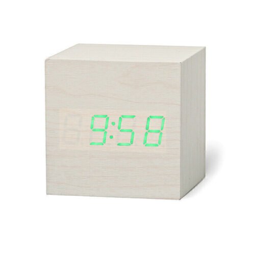 New Digital Wooden LED Alarm Clock Desktop Table Decor Thermometer Voice Control
