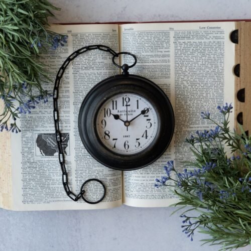NEW Farmhouse POCKET WATCH WALL CLOCK BLACK Country Iron Wood 19" L x 5" W White
