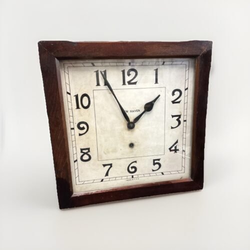 New Haven 1920’s Balcony Clock Square Wood Gallery Works No Chime W/Key Mahogany