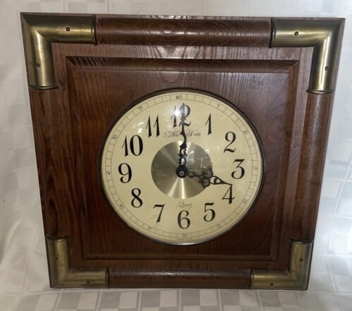 New Haven Wall Clock MCM 13.25” Square WORKS Solid Wood Brass Retro