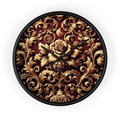 NEW Home Decor Wall Clock Luxe Damask Floral Pattern - Gold/Burgundy