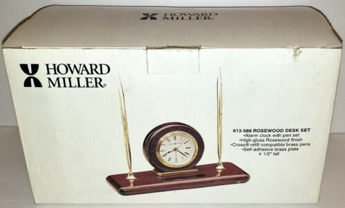 (NEW IN BOX) Howard Miller 613-588 Rosewood Desk Set - Alarm Clock with Pen Set
