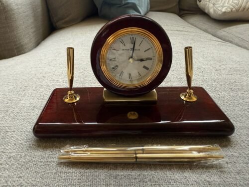 (NEW IN BOX) Howard Miller 613-588 Rosewood Desk Set - Alarm Clock with Pen Set