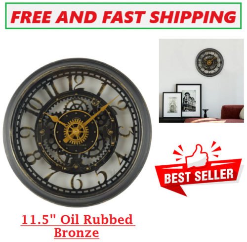 New Mainstays Indoor Round 11.5" Oil Rubbed Bronze Cutout Gear Analog Wall Clock