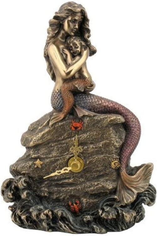 New! Mermaid Mother and Baby On Rock Nautical Beach Figurine Clock 76008