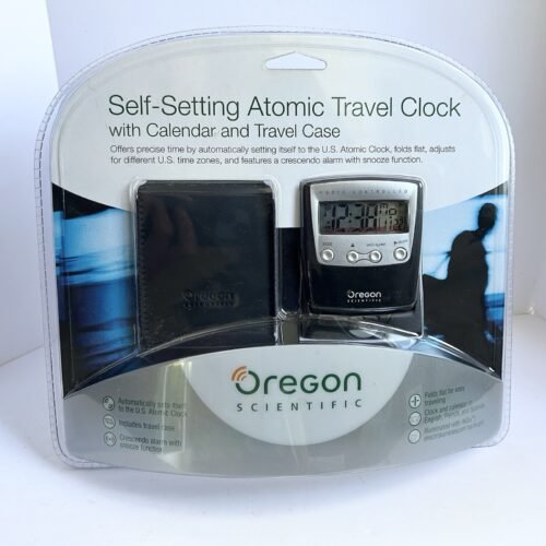 NEW Oregon Scientific Self Setting Atomic Travel Alarm Clock Calendar and Case