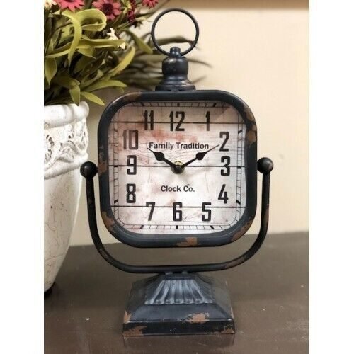 NEW Primitive BLACK Table CLOCK Family Traditions Vtg Style Metal Glass 12.5"H