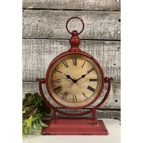 NEW Primitive CLOCK Country Red Aged Look Chippy Rustic 10.75" T x 8.5" W x 3" D