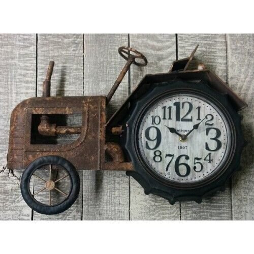 New Primitive Farmhouse Antique Style AGED RUSTY TRACTOR CLOCK Wall Hanging 16"