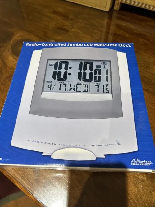 NEW Radio Controlled Jumbo LCD Clock Date Temp Wall Desk Digital Gray ￼
