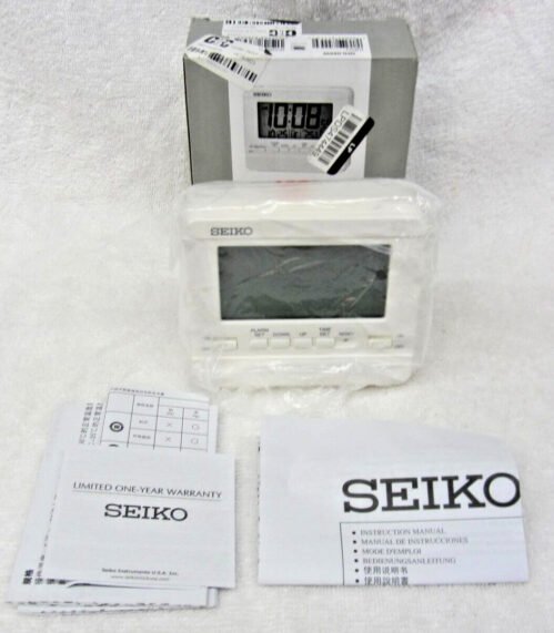 New Seiko LCD LED light Everything Bed Table Alarm Clock QHL086W White 3.5" NIB