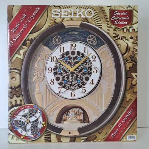 New Seiko Melodies in Motion Wall Clock 13 Swarovski Crystals Plays 30 Melodies