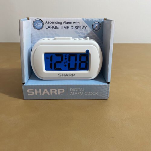 NEW Sharp Battery Alarm Clock Travel Digital 1" SPC483 White Case Blue Light