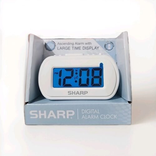 NEW Sharp Battery Alarm Clock Travel Digital 1" SPC483 White Case Blue Light