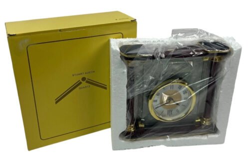 NEW Stuart Austin Classic Quartz Clock Shelf Mantel Desk Table Wood Gold Glass