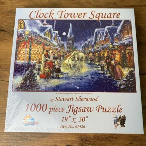 NEW Sunsout Clock Tower Square Winter Sherwood 1,000 pc Jigsaw Puzzle 19" x 30"