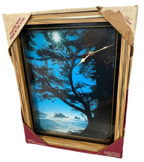 NEW Vintage 1970s Water Tree Scene Decorative Wall Clock 14”x11”x2” Wood Case
