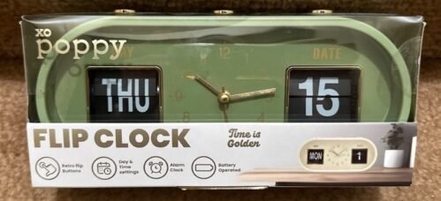 NEW XOPOPPY Retro Calendar Flip Alarm Clock Date Day Set Vintage Vibe Battery